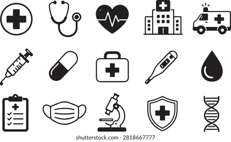 Modern black and white flat icons representing healthcare, medical tools, and emergency services for stock use.