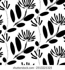 Modern Black and White Floral  Seamless Vector pattern