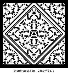 Modern Black and White Floral Vector Pattern | Elegant Geometric Tile for Fashion, Fabric, Interior and Carpet | Stylish Digital Texture with Classic Ornamental Beauty and Decorative Grace