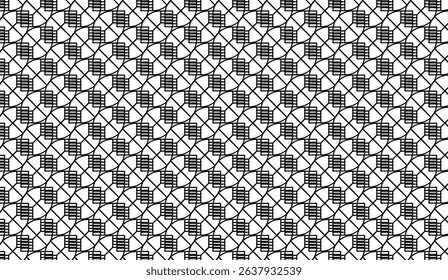 Modern Black and White Geometric Mesh Pattern Background Seamless Design, Interlocking Lines and Grids Create Dynamic Visual Texture Perfect for Digital Projects and Print