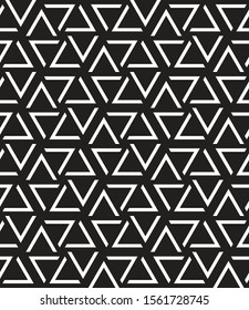 modern black and white geometric triangles seamless pattern tile with elegant hexagonal design for backgrounds, wallpaper, backdrop, textile, fabric, cover, print, poster and banner design template.