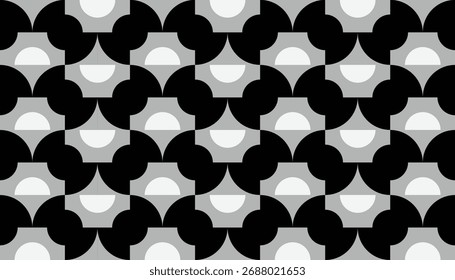 Moderna geometria preta e branca, padrão de repetição dinâmica com interseções curvas e tons em camadas, ideal para papel de parede contemporâneo, embalagem ou mídia digital