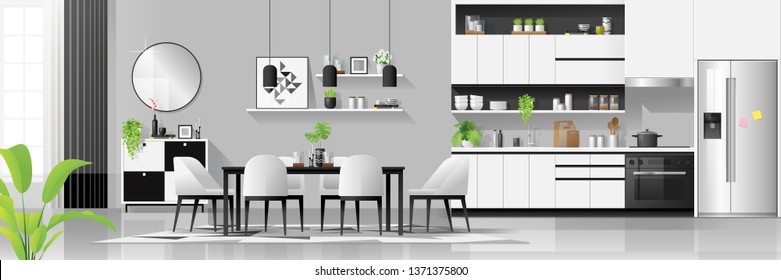 Modern black and white house interior background with kitchen and dining room combination , vector , illustration