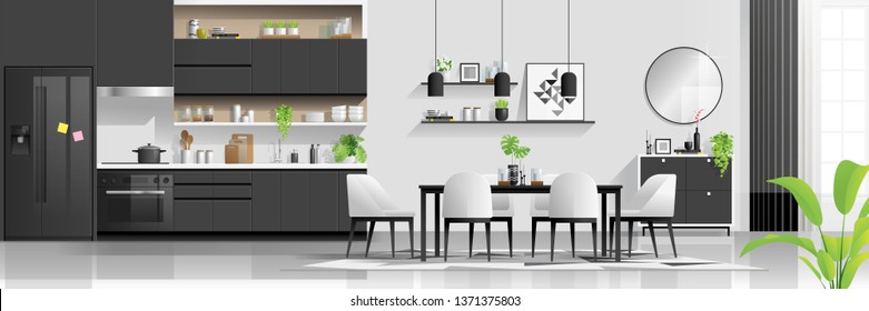 Modern black and white house interior background with kitchen and dining room combination , vector , illustration