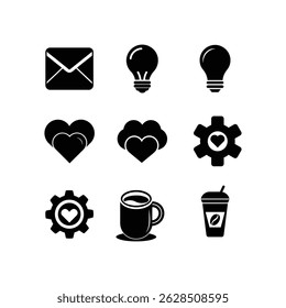 modern black and white icon collection featuring envelope, light bulbs, hearts, gears, coffee cup, and smoothie cup