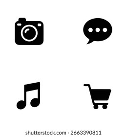 Moderno conjunto de iconos en blanco y negro que representa la comunicación de la Fotografía Música y comercio electrónico para aplicaciones móviles