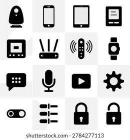 Modern black and white icons representing various technology devices and functions for digital design projects