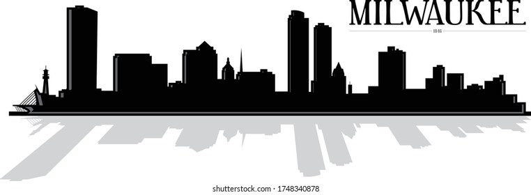 Modern black and white illustration of the city of Milwaukee Wisconsin downtown skyline silhouette shadow with reflection vector graphic design