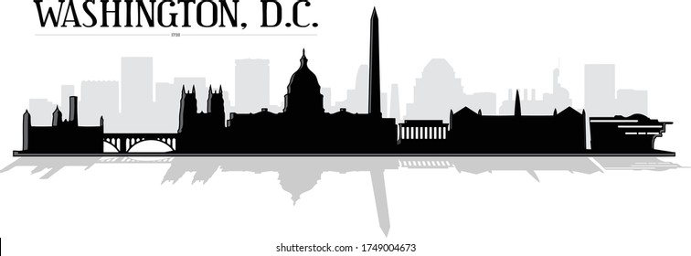 Modern black and white illustration of the city of Washington DC buildings and monuments with downtown skyline silhouette shadow in the background with reflection vector graphic design