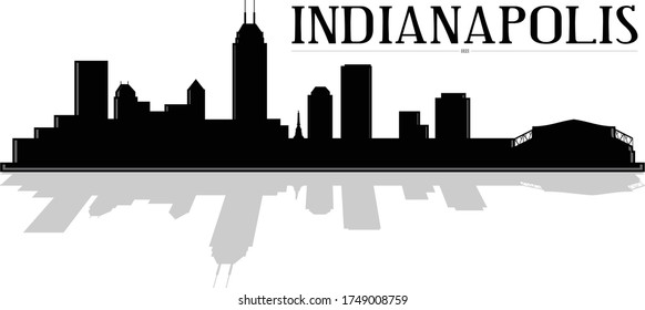 Modern black and white illustration of the city of Indianapolis Indiana downtown skyline silhouette shadow with reflection vector graphic design