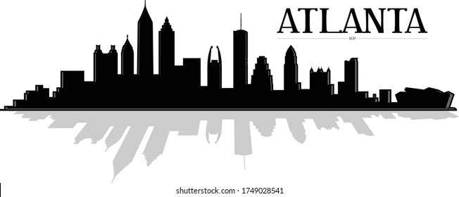 Modern black and white illustration of the city of Atlanta Georgia downtown buildings and stadium skyline silhouette shadow with reflection vector graphic design