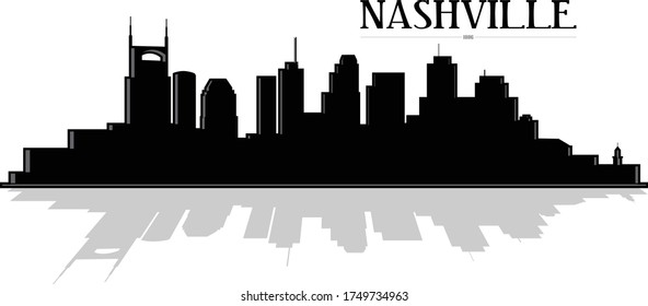 modern black and white illustration of the city of Nashville Tennessee downtown buildings skyline silhouette vector graphic design