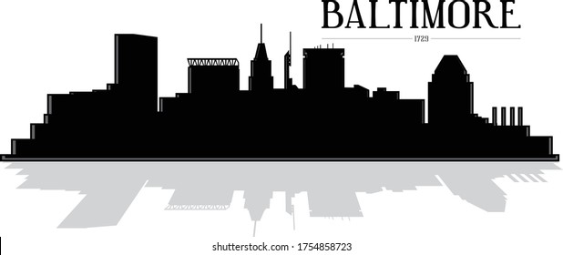 Modern black and white illustration of the city of Baltimore Maryland downtown buildings skyline silhouette shadow with reflection vector eps illustrator 10 graphic design