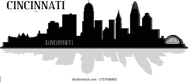 Modern black and white illustration of the city of Cincinnati Ohio downtown buildings skyline silhouette shadow with reflection illustrator 10 eps vector graphic design