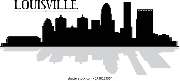 Modern black and white illustration of the city of Louisville Kentucky downtown buildings skyline silhouette shadow with reflection illustrator 10 eps vector graphic design 