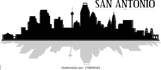 Ilustración moderna en blanco y negro de la ciudad de San Antonio Texas edificios del centro de la ciudad sombra de la silueta en el horizonte con reflejo Ilustrador 10 eps diseño gráfico vectorial