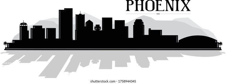 Modern black and white illustration of the city of Phoenix Arizona downtown buildings skyline silhouette shadow with reflection Illustrator 10 eps vector graphic design