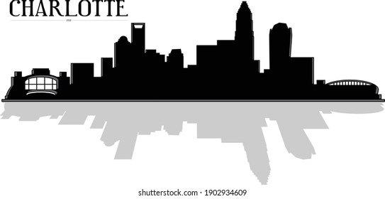 Ilustración moderna en blanco y negro de la ciudad del centro de Charlotte, silueta de perfil de Carolina del Norte con edificios, estadios y reflexión en la sombra. Diseño gráfico vectorial de pasos de ilustrador.