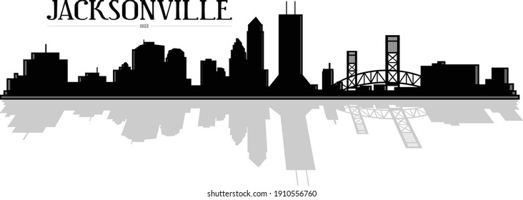 Modern black and white illustration of the city of Jacksonville Florida USA downtown buildings skyline silhouette with bridge and shadow reflection. Illustrator eps vector graphic design. 