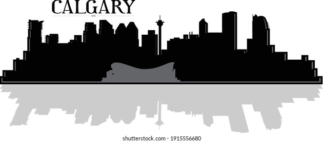 Modern black and white illustration of the city of Calgary Alberta Canada downtown buildings skyline silhouette with shadow reflection. Illustrator eps vector graphic design.