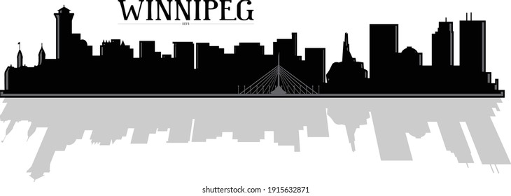 Moderne Schwarz-Weiß-Illustration der Stadt Winnipeg Manitoba Kanada Skyline Silhouette in der Innenstadt mit Brücke und Gebäuden im Hintergrund und Schattenreflexion. Illustrator spricht für Vektorkunst.