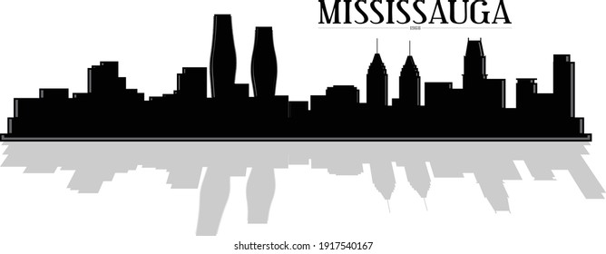 Modern black and white illustration of the city of Mississauga Ontario Canada downtown buildings skyline silhouette with shadow reflection. Illustrator eps vector graphic design. 