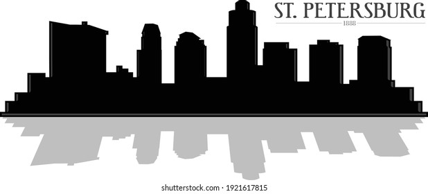 Moderne Schwarz-Weiß-Illustration der Stadt St. Petersburg Florida Innenstadt Gebäude Skyline Silhouette mit Schattenreflexion. Illustrator zeichnet Vektorgrafik-Design.