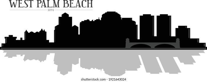 Modern Black And White Illustration Of The City Of West Palm Beach Florida Downtown Skyline Silhouette With Bridge And Shadow Reflection. Illustrator Eps Vector Graphic Design.