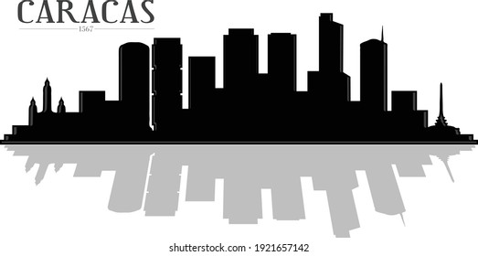 Modern black and white illustration of the city of Caracas Venezuela downtown buildings skyline silhouette with shadow reflection. Illustrator eps vector graphic design.