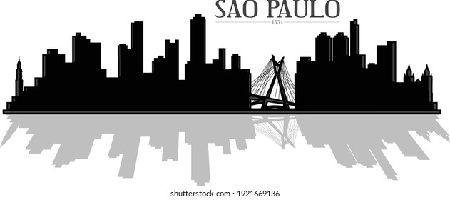 Modern black and white illustration of the city of Sao Paulo Brazil downtown buildings skyline silhouette with bridge and shadow reflection. Illustrator eps vector graphic design.