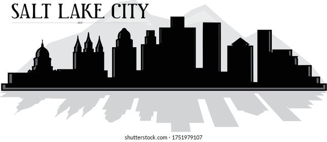 Modern black and white illustration of  Salt Lake City Utah downtown buildings skyline silhouette with mountains in the background vector graphic design