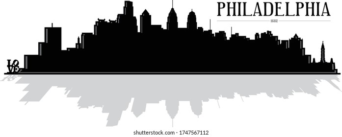 Modern black and white illustration silhouette of the city of Philadelphia Pennsylvania downtown buildings with reflection graphic design