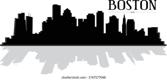 Modern black and white illustration silhouette of the city of Boston Massachusetts downtown buildings skyline with reflection