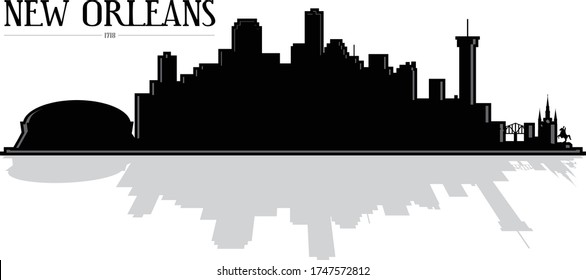 Modern black and white illustration skyline silhouette of the city of New Orleans Louisiana downtown buildings with super dome and reflection