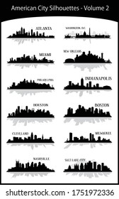 Modern black and white Illustrations of American cities downtown buildings skyline silhouettes shadows with reflections vector graphic designs collection
