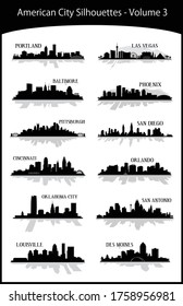 Modern black and white illustrations of American Cities collection volume 3 downtown buildings silhouettes with shadows and reflections Illustrator 10 eps vector graphic designs