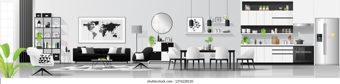 Modern black and white interior background with living room , dining room and kitchen combination , vector , illustration