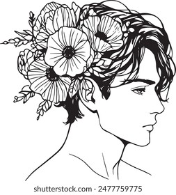 Modern black and white line art of a young man with dark hair and a flower crown, with a thoughtful demeanor.