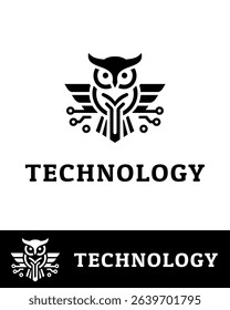 Modern black and white logo featuring a stylized owl with circuit elements, symbolizing intelligence, innovation, and digital connectivity
