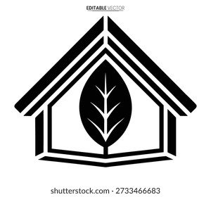 Un logotipo moderno en blanco y negro con una forma de casa con una hoja en el interior que simboliza la vida ecológica