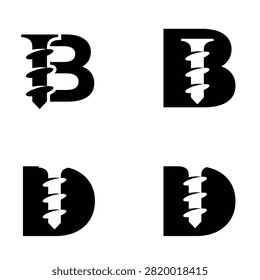 Modern black and white logos featuring letters B and D creatively combined with screw and bolt elements. Ideal for construction, hardware, or engineering branding.