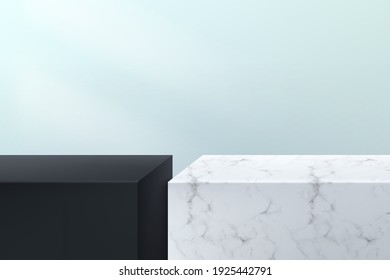 Modern black and white marbles texture cubes podium with pastel empty room background. Abstract vector rendering 3d shape for advertising product display. Minimal scene studio room concept.