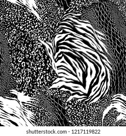 Modern black and white Mixed animal skin,tiger,zebra,leopard,snake, background. Seamless pattern vector design for fashion fabric ,wallpaper and all prints on black 