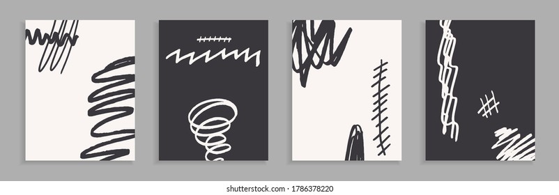 Modern black and white postcards. Set of abstract vector backgrounds. Hand-drawn spots and waves. Handmade ink illustration. Vector texture for design. Jagged grunge lines.