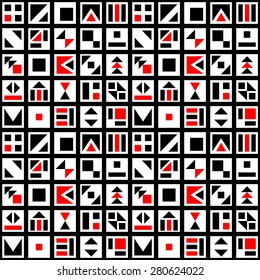 Modern black white and red geometric squares and shapes seamless pattern, vector