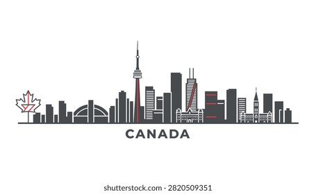 Modern black, white, and red outline skyline of Canada major city landmarks with a red maple leaf, isolated on a white background.
