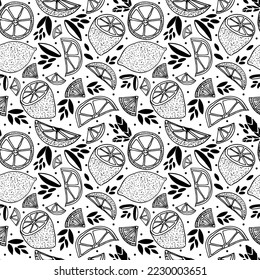 Modern black and white seamless  pattern with cute  lemons and slice citrus. Trendy background with hand drawn tropical fruits. Design background  invitations, fabric and textile.