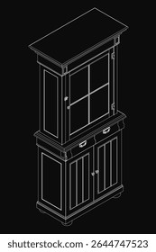 Lateral preto e branco moderno com duas portas e duas gavetas, com um acabamento lustroso elegante. As portas ligeiramente ajar revelam o interior, enquanto as gavetas rebaixadas melhoram a estética minimalista.