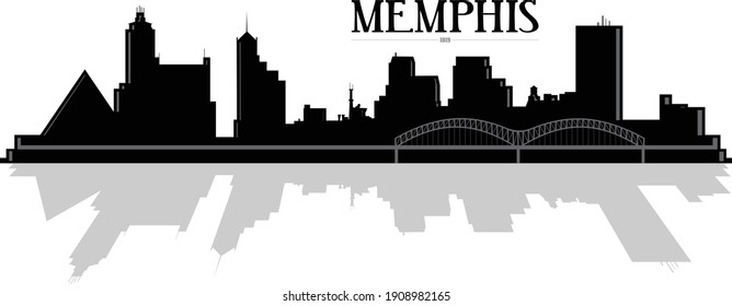 Modern Black And White Silhouette Illustration Of Downtown Buildings In Memphis Tennessee With Bridge And Shadow Reflection In Water. Illustrator Eps Vector Graphic Design. 