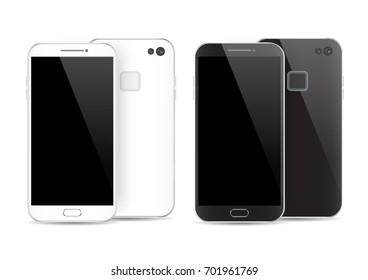 Modern black and white smartphone isolated. Front and back of Vector smartphone illustration. Cell phone mockup back view.